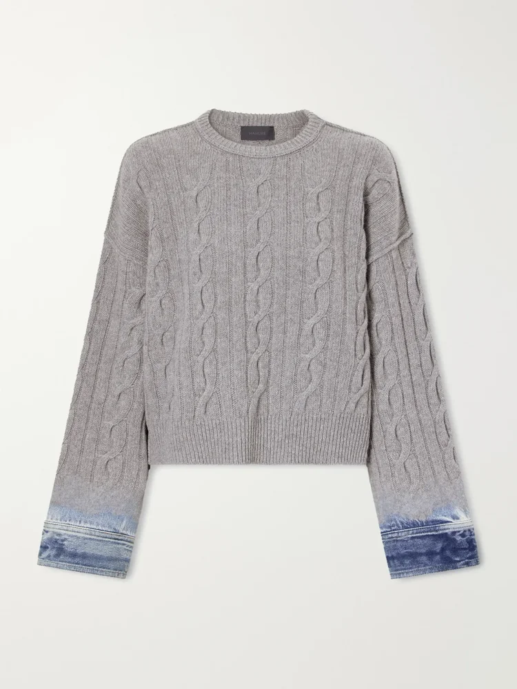 Karine denim-trimmed cable-knit cotton sweater