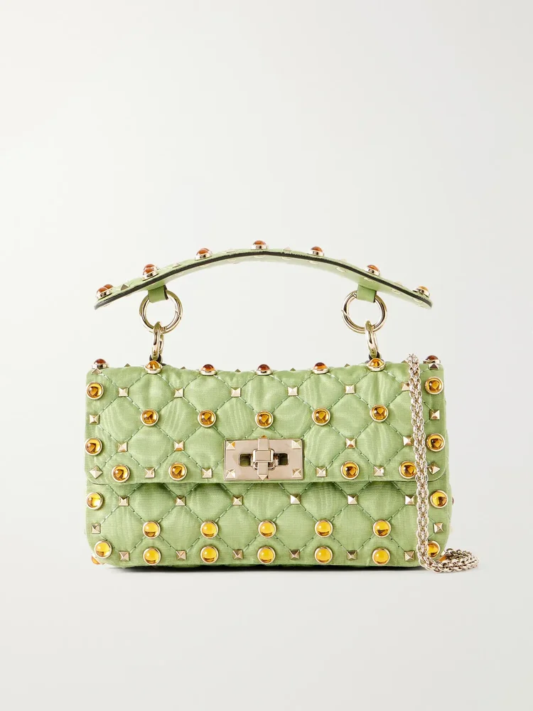 Rockstud Spike studded bead-embellished quilted moire top-handle bag