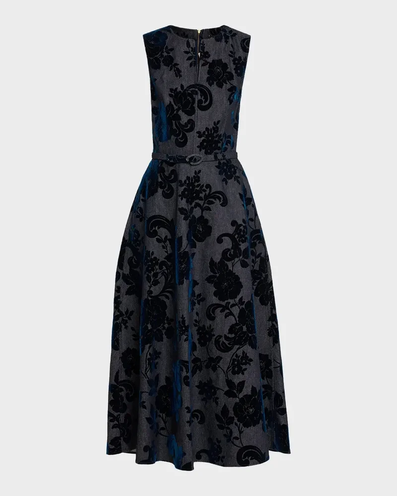 Sleeveless Floral Flocked Denim Belted Midi Dress