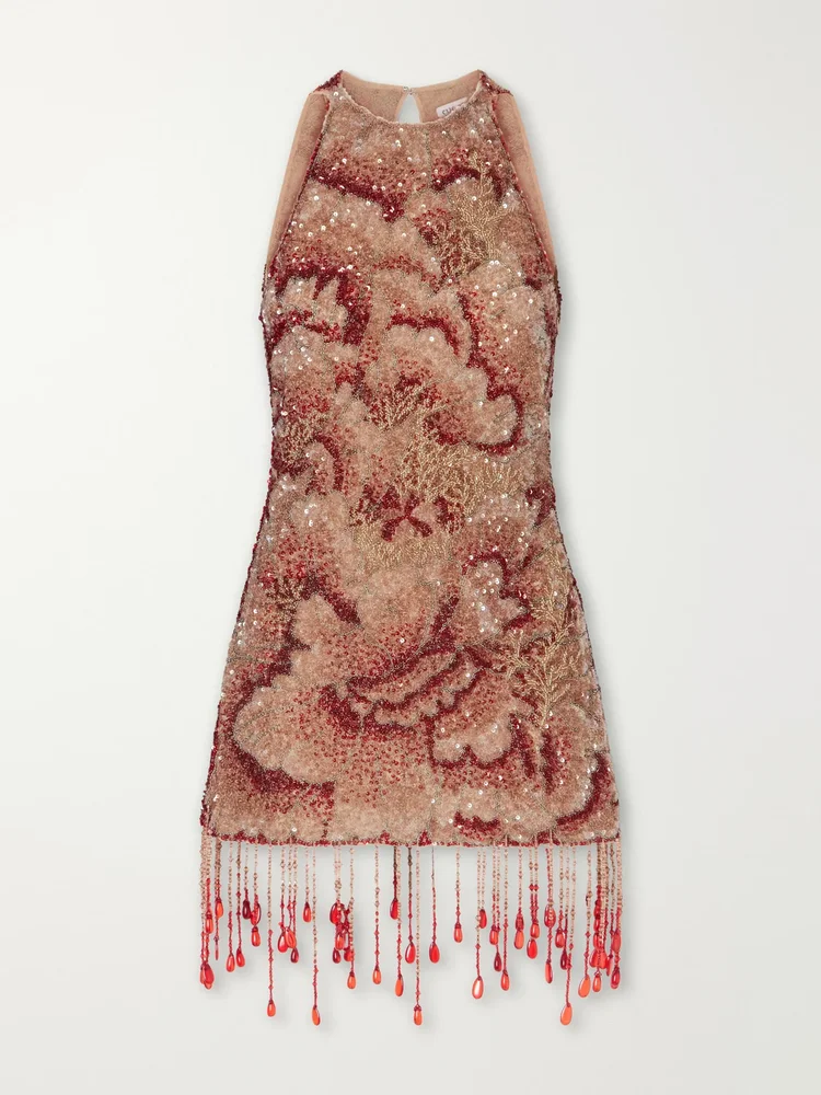 Fringed beaded sequin-embellished mini dress