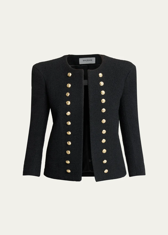 Collarless Tweed Fitted Jacket