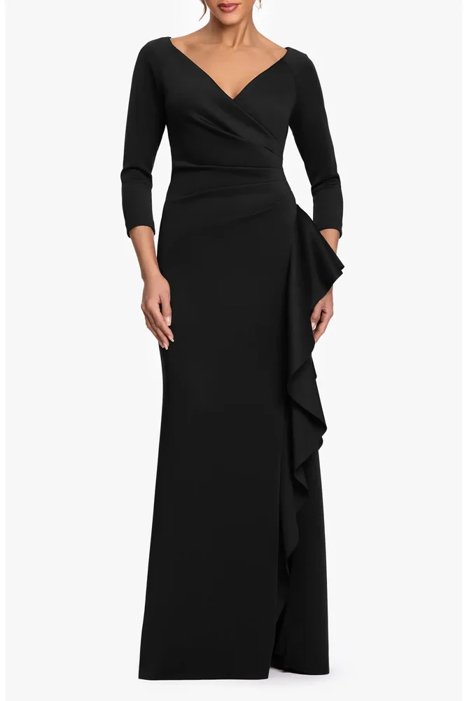 Cascade Ruffle Long Sleeve Scuba Crepe Gown