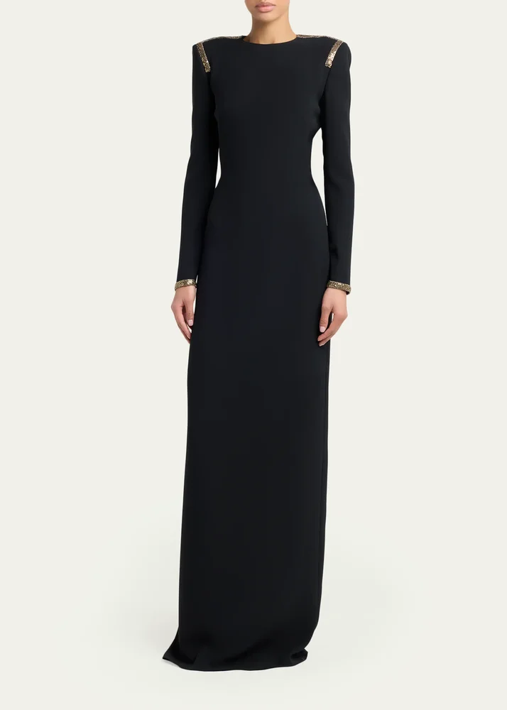 Long-Sleeve Chainmail-Trim Silk Column Gown