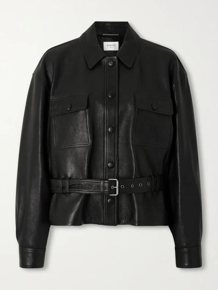 Belted leather jacket