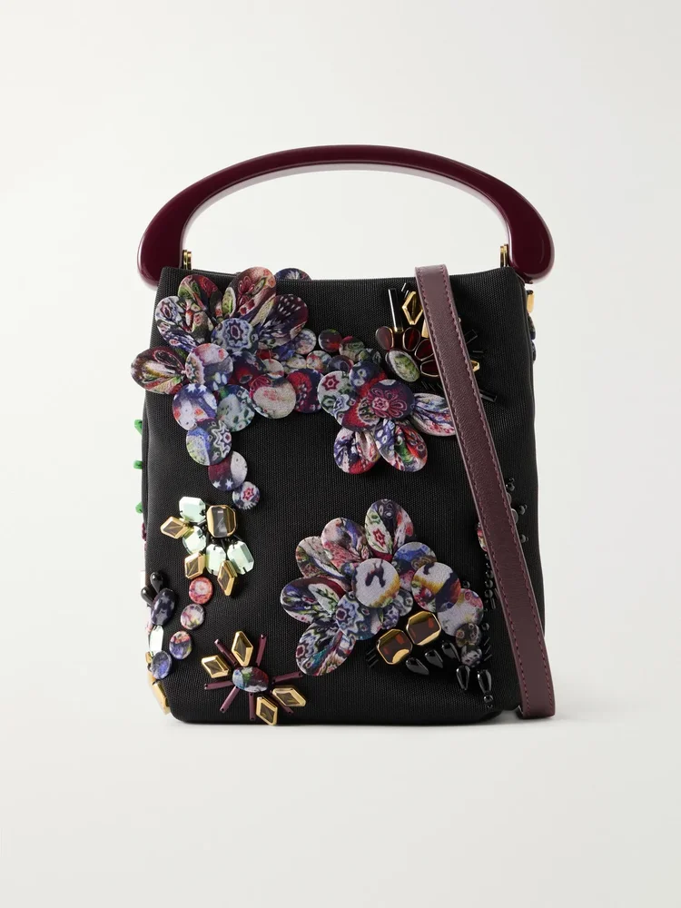 Bead-embellished leather-trimmed mesh top-handle bag