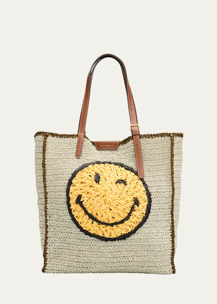 Anya Hindmarch Wink Embroidered Raffia Tote Bag