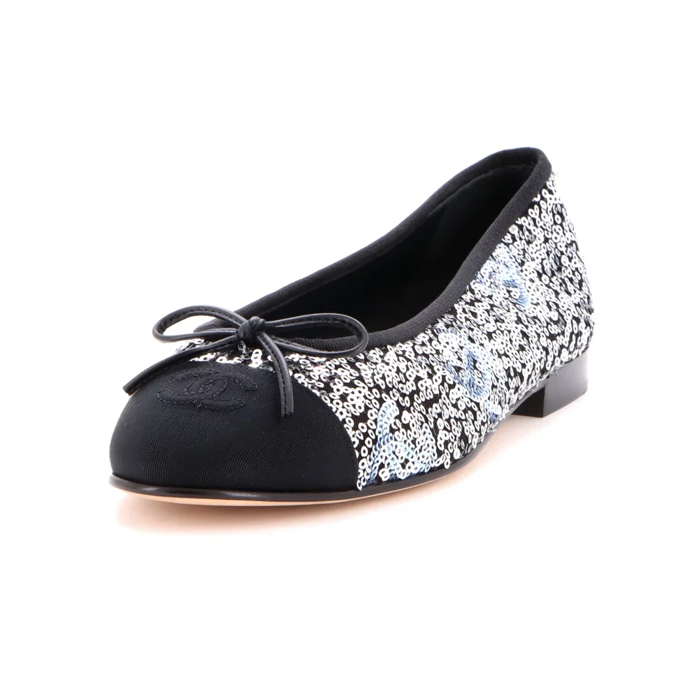 Pre-Owned CC Cap Toe Bow Ballerina Flats Sequins with Grosgrain