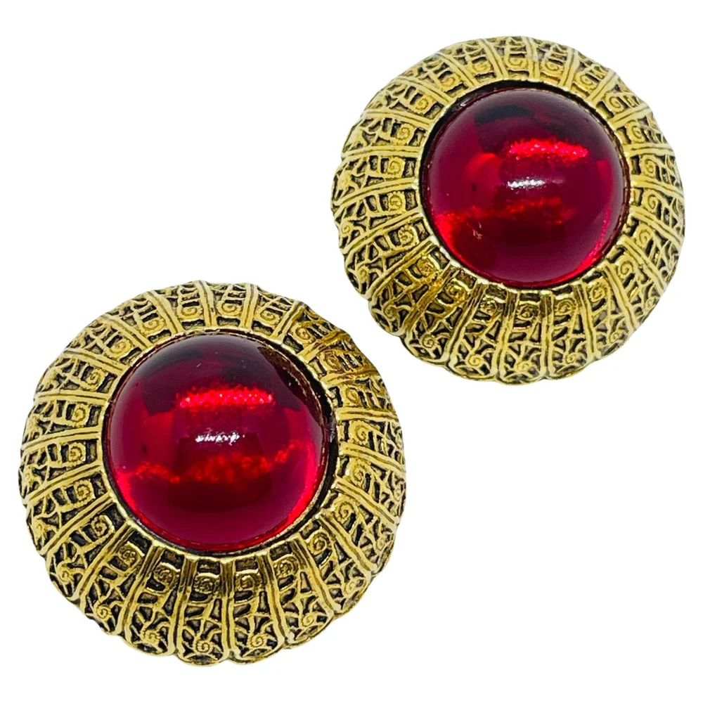 Vintage gold ruby red glass cabochon clip on earrings