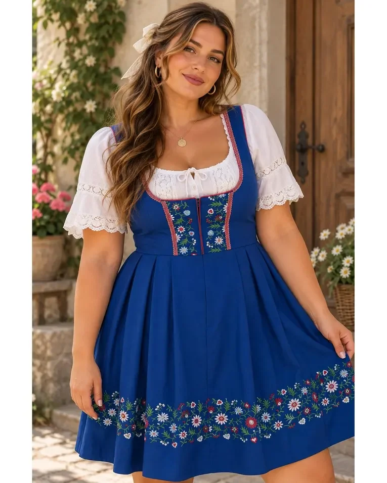 Dirndl Corset Dress & Lace Blouse Set, Blue Floral Embroidery