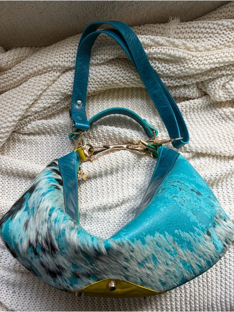 Cowhide Medium Shoulder Bag in Teal