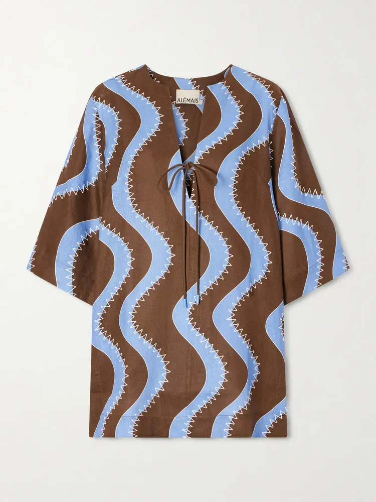 Frankie printed embroidered linen mini dress