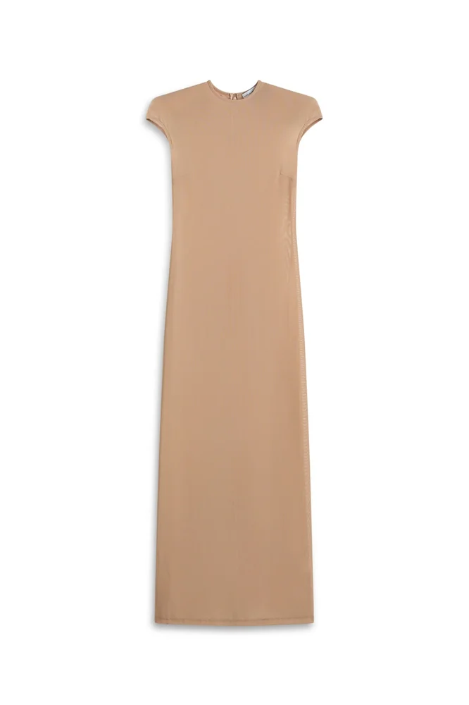 Mesh Shoulder Pad Gown, Nude