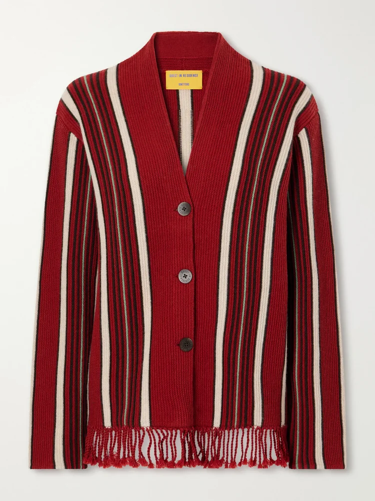 Handloom fringed striped wool and cashmere-blend cardigan