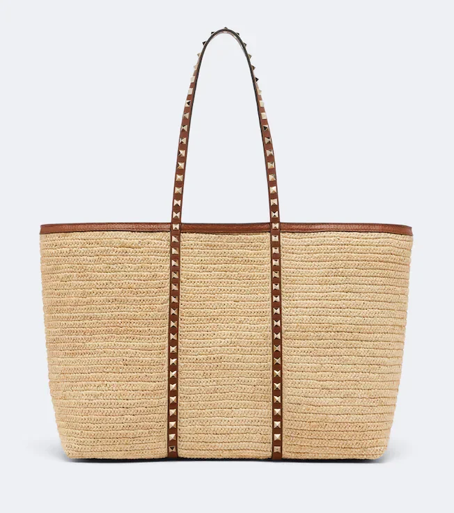 Rockstud Large raffia tote bag