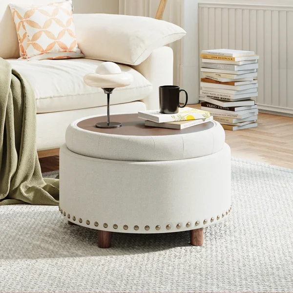 25-inch Round Upholstered Storage Ottoman with Tufted Cushion and Hidden Storage