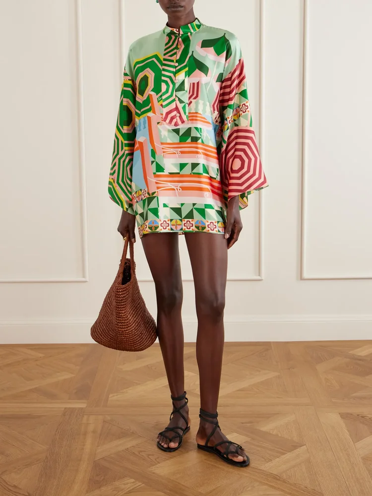 Maria printed silk-blend satin coverup