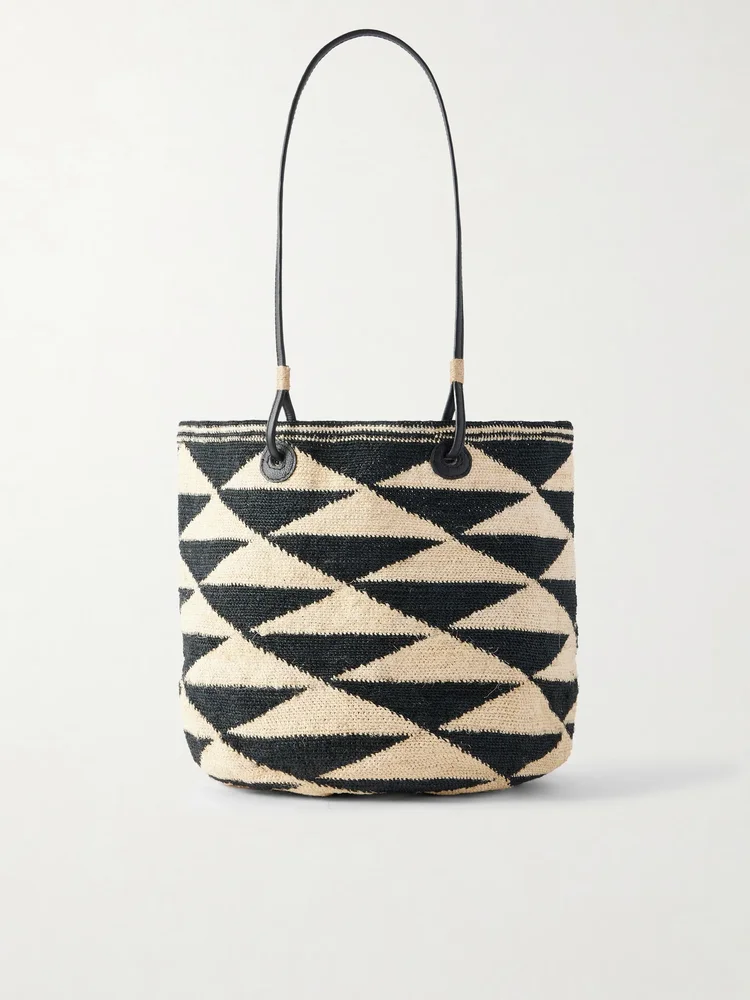 Shiga medium leather-trimmed sisal shoulder bag