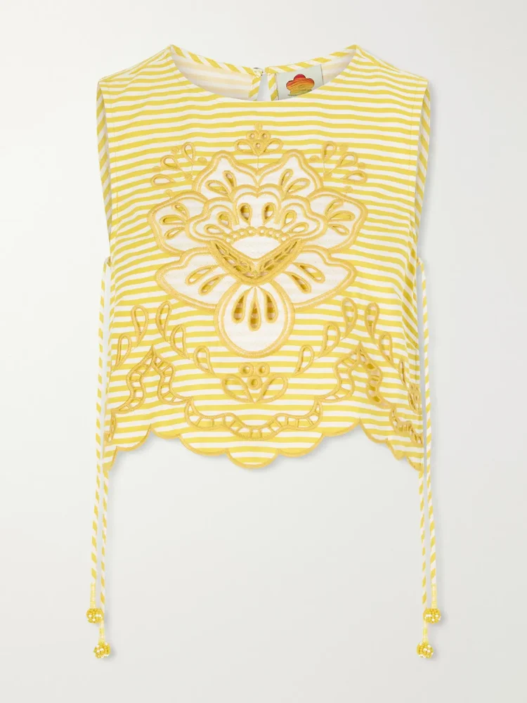 Cropped Striped Broderie Anglaise Trimmed Linen Blend Tank