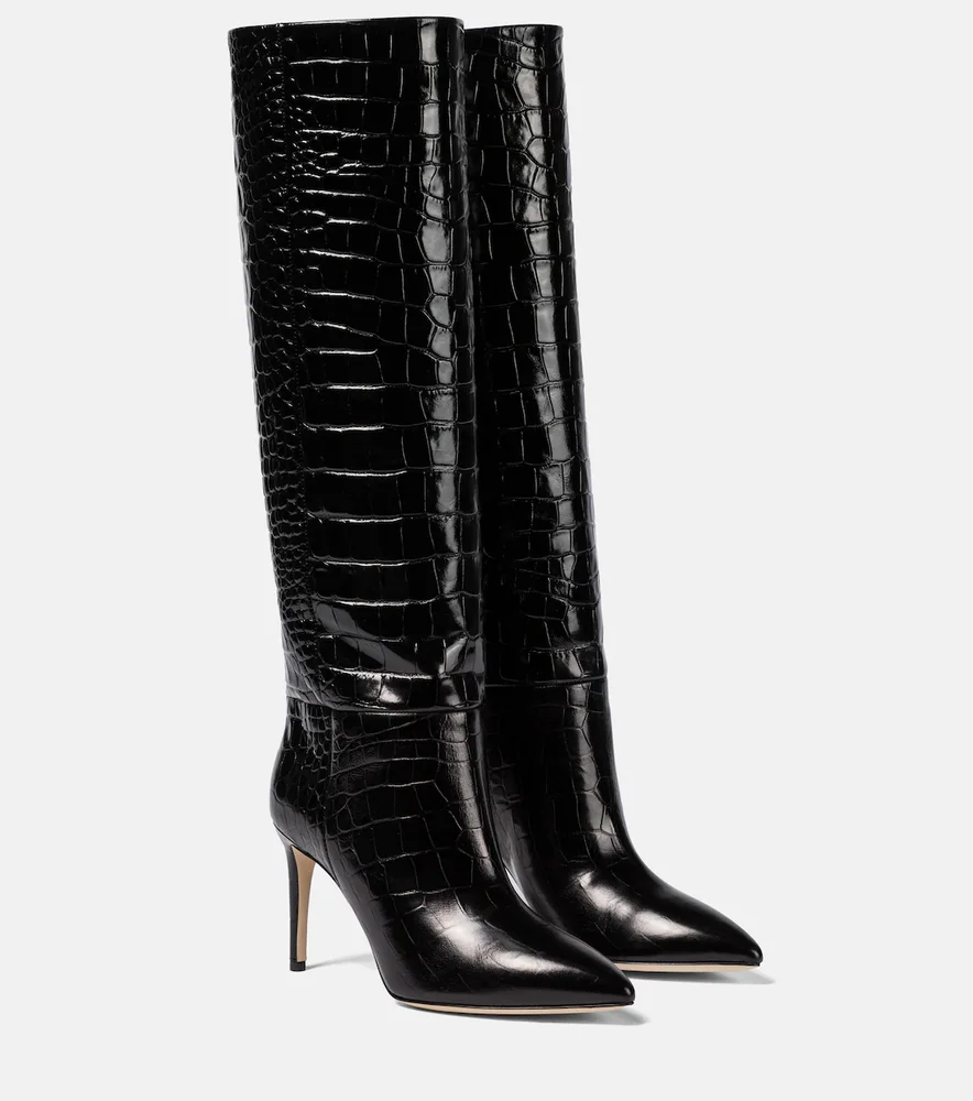 Croc-effect leather knee-high boots