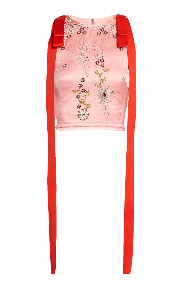 Embroidered Satin Cropped Top