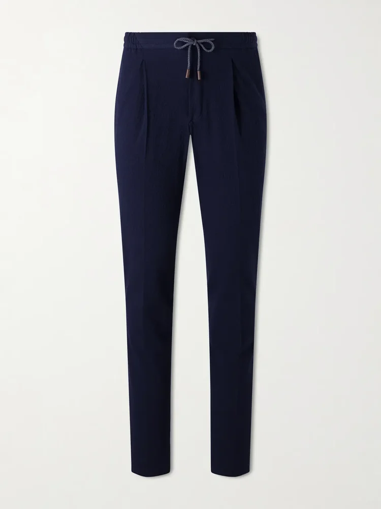 Tapered Cotton-Blend Seersucker Trousers