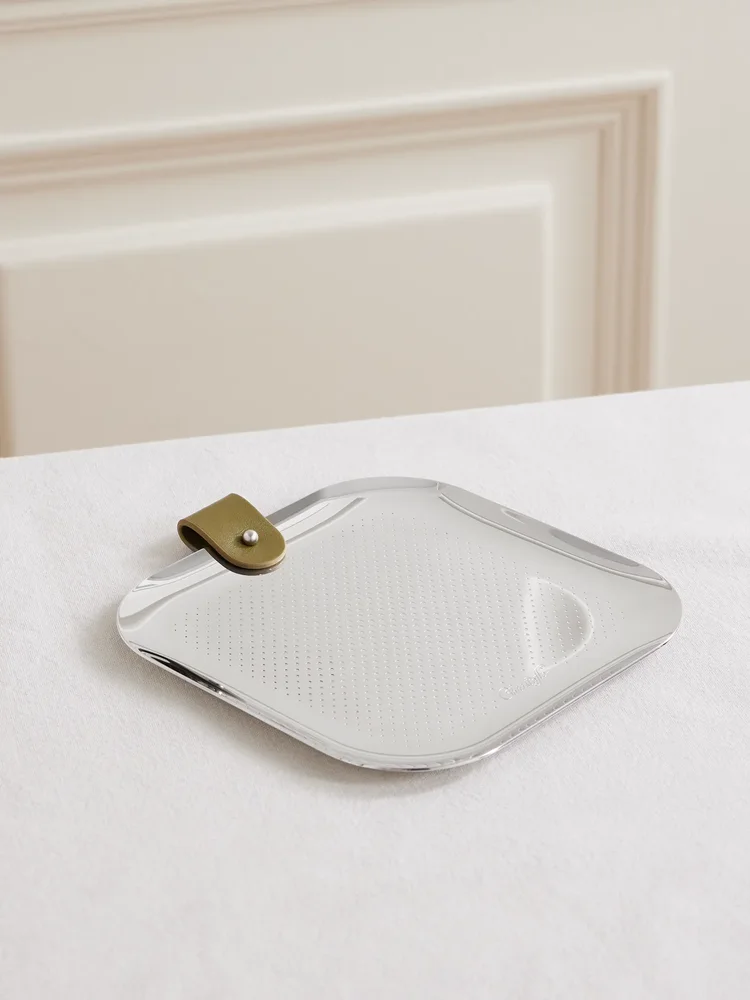Club leather-trimmed silver-plated trinket tray