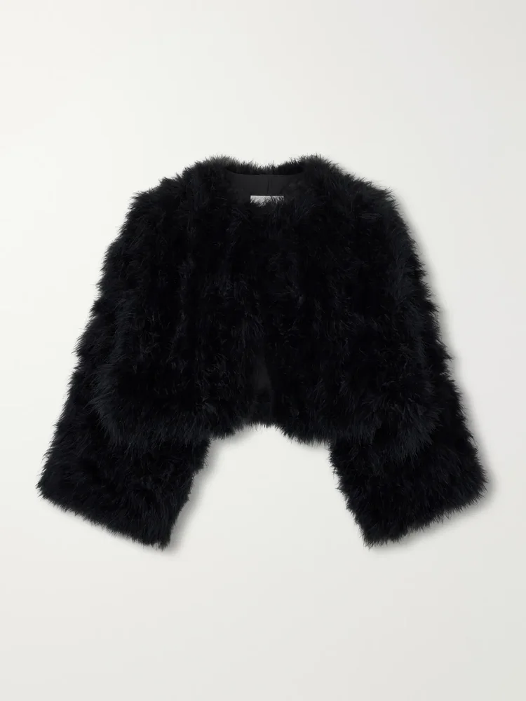 Cropped feather-trimmed satin cape