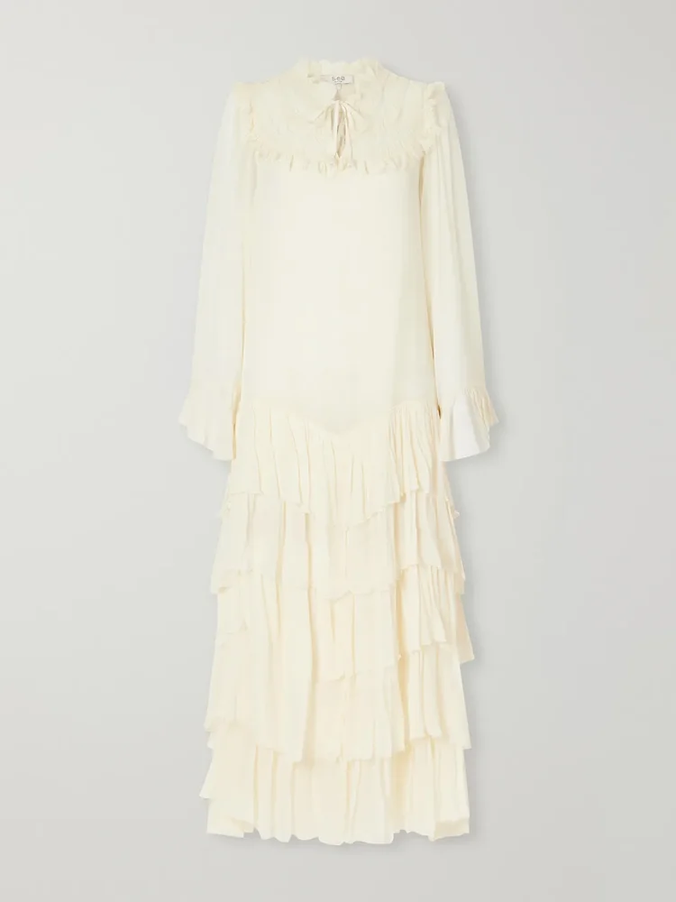 Margaret ruffled tiered lace-trimmed chiffon maxi dress