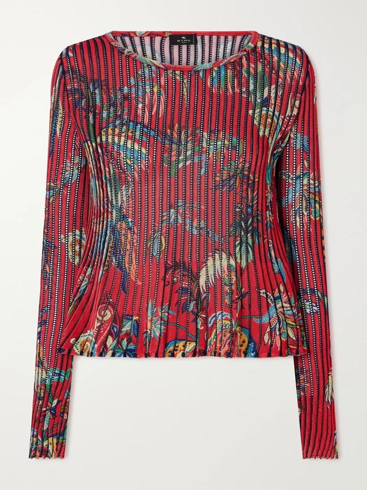 floral print open knit ribbed blouse