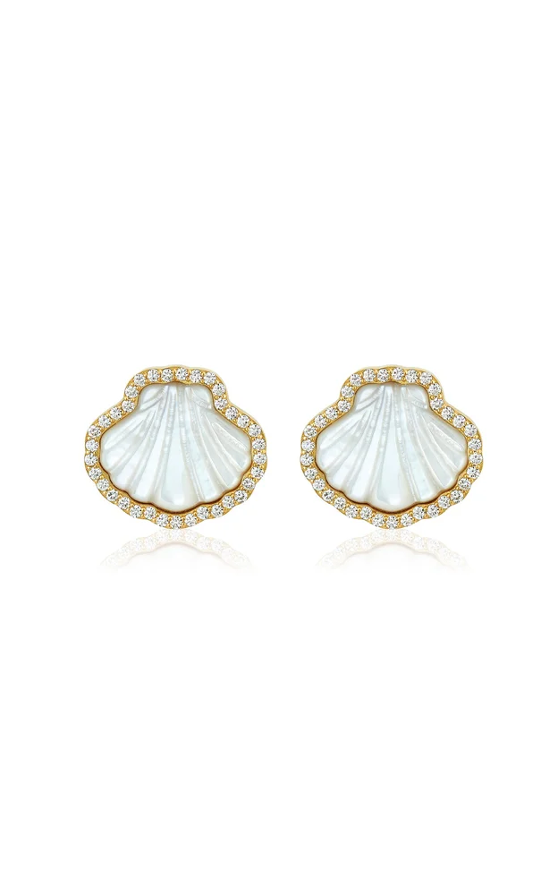 18K Yellow Gold Diamond Mother of Pearl Clip Earrings