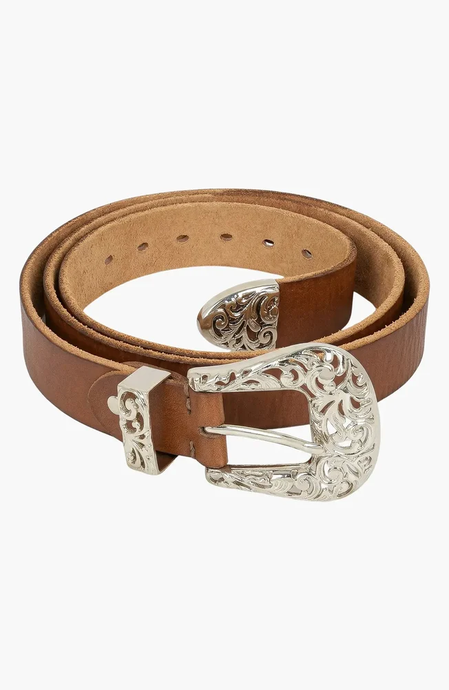 Leather Belt with Ornate Engraved Buckle and Western Detail