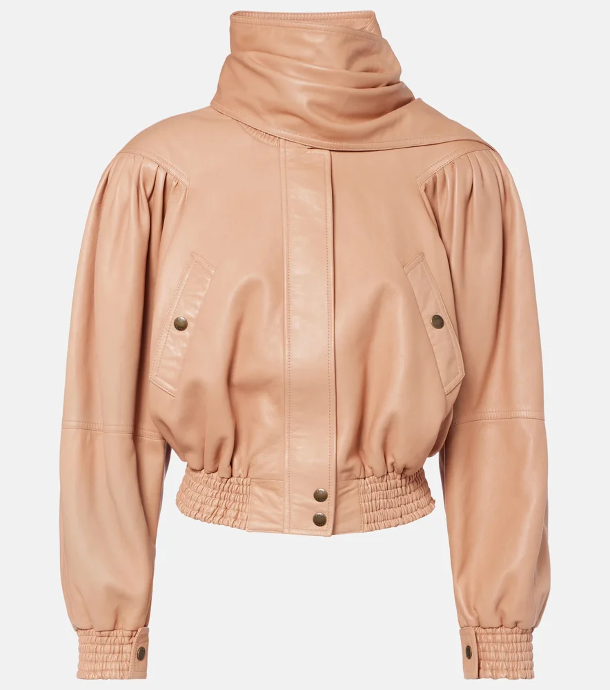 Scarf-detail cropped leather jacket