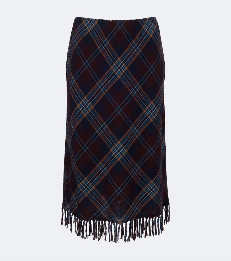 Elowette fringed plaid midi skirt