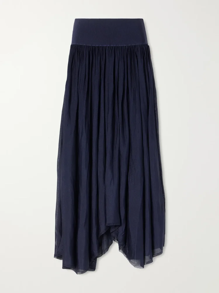 Asymmetrical plissé midi skirt