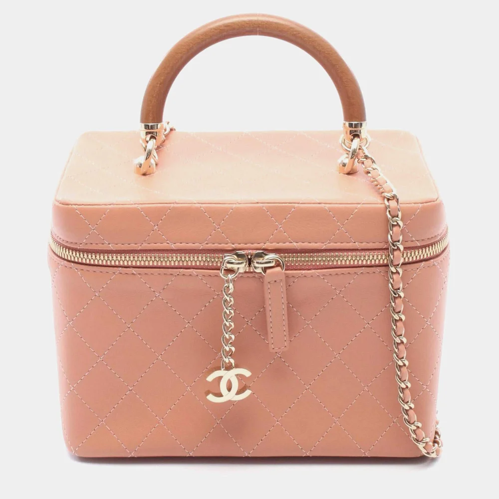 Knock On Wood Vanity Case Pink Lambskin Leather Top Handle Bag