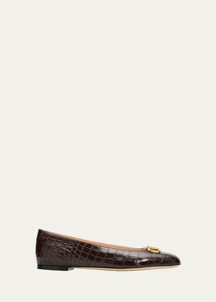 VLogo Croc-Embossed Leather Ballerina Flats