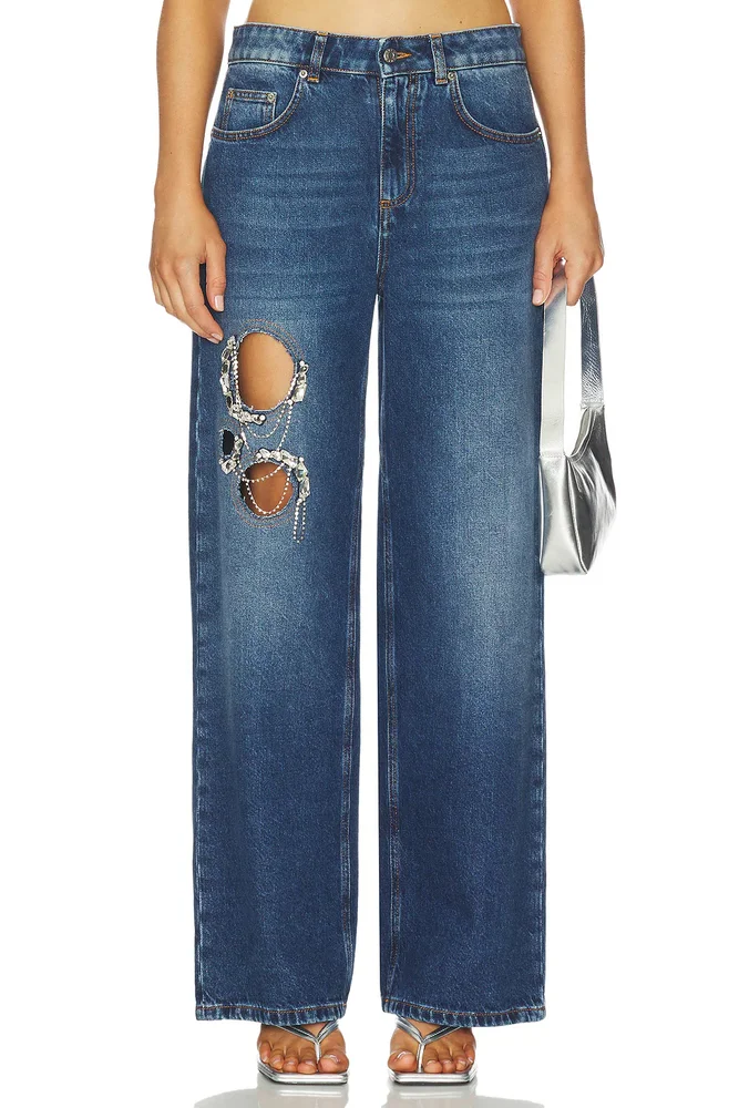 Crystal Chain Cutout Relaxed Leg