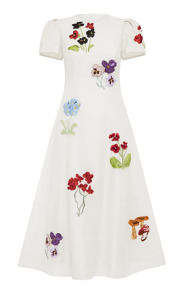 Marguerite Embroidered Linen-Silk Midi Dress