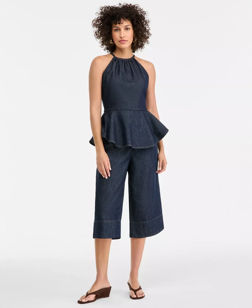 Denim Peplum Halter Top and Cropped Wide-Leg Pants