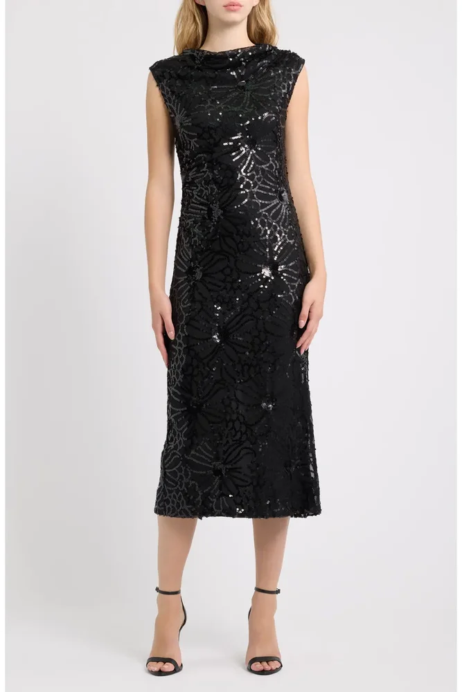 Draped Neck Sequined Midi Dress