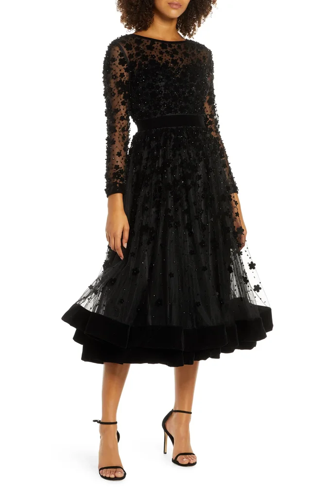 Embellished Illusion High Neck Long Sleeve Fit & Flare