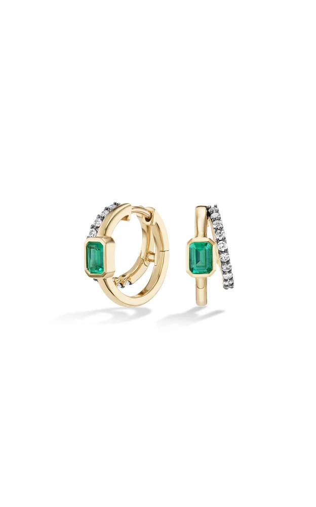 14K Yellow Gold Diamond Emerald Earrings