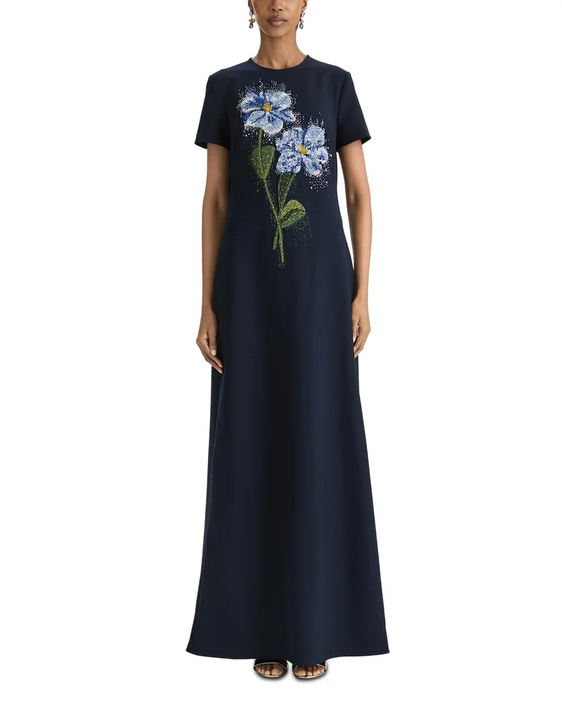 Short Sleeve Beaded Chine Floral Embellished Caftan