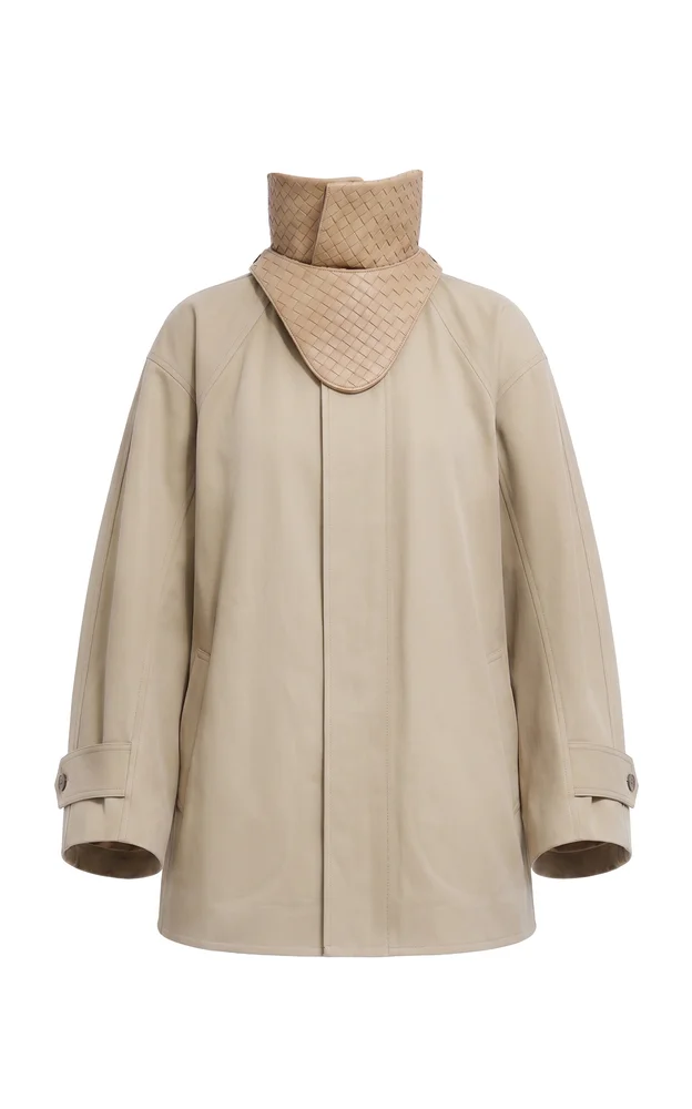 Leather-Trimmed Short Cotton Trench Coat