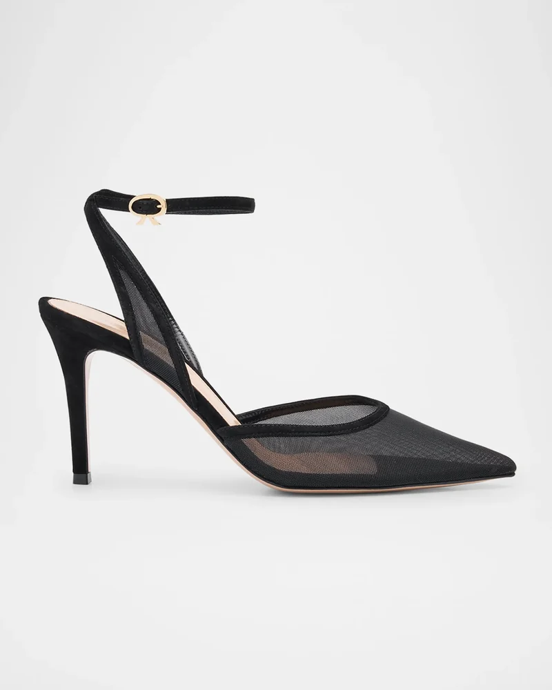 Suede Organza Ankle-Strap Pumps