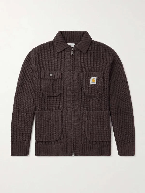 Logo-Appliqued Ribbed-Knit Zip-Up Cardigan