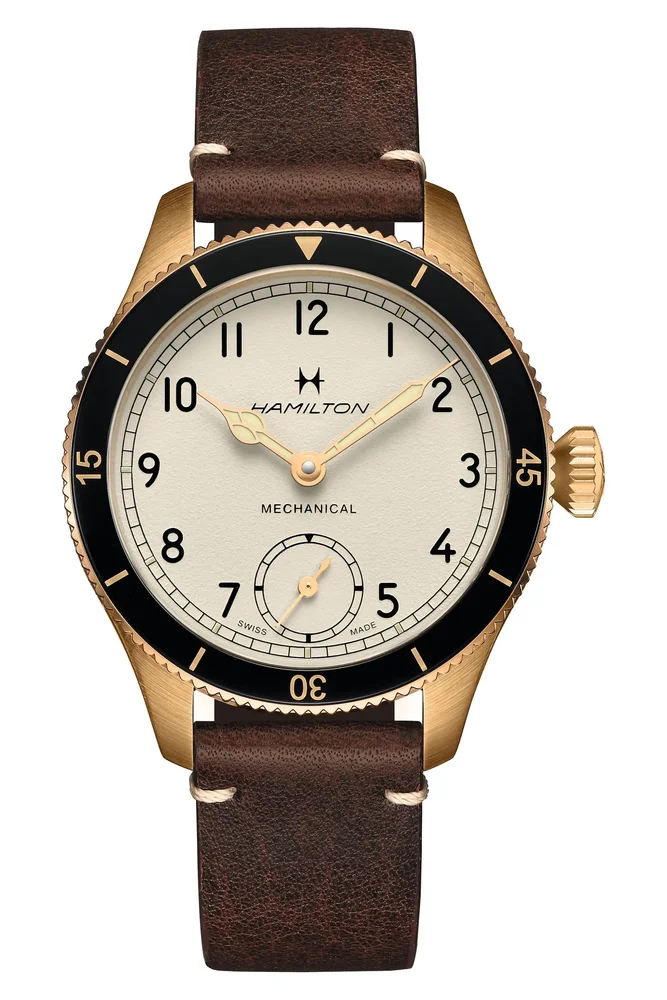 Khaki Aviation Pilot Pioneer Bronze Leather Strap Watch, 43mm