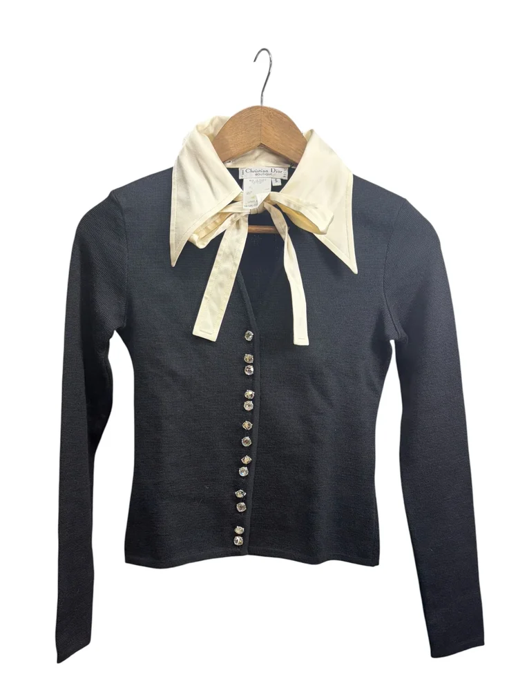 Christian Dior Black White Butterfly Collar Bow Tie Crystal Buttons Shirt