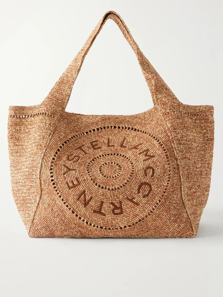 Logo-embroidered raffia tote bag