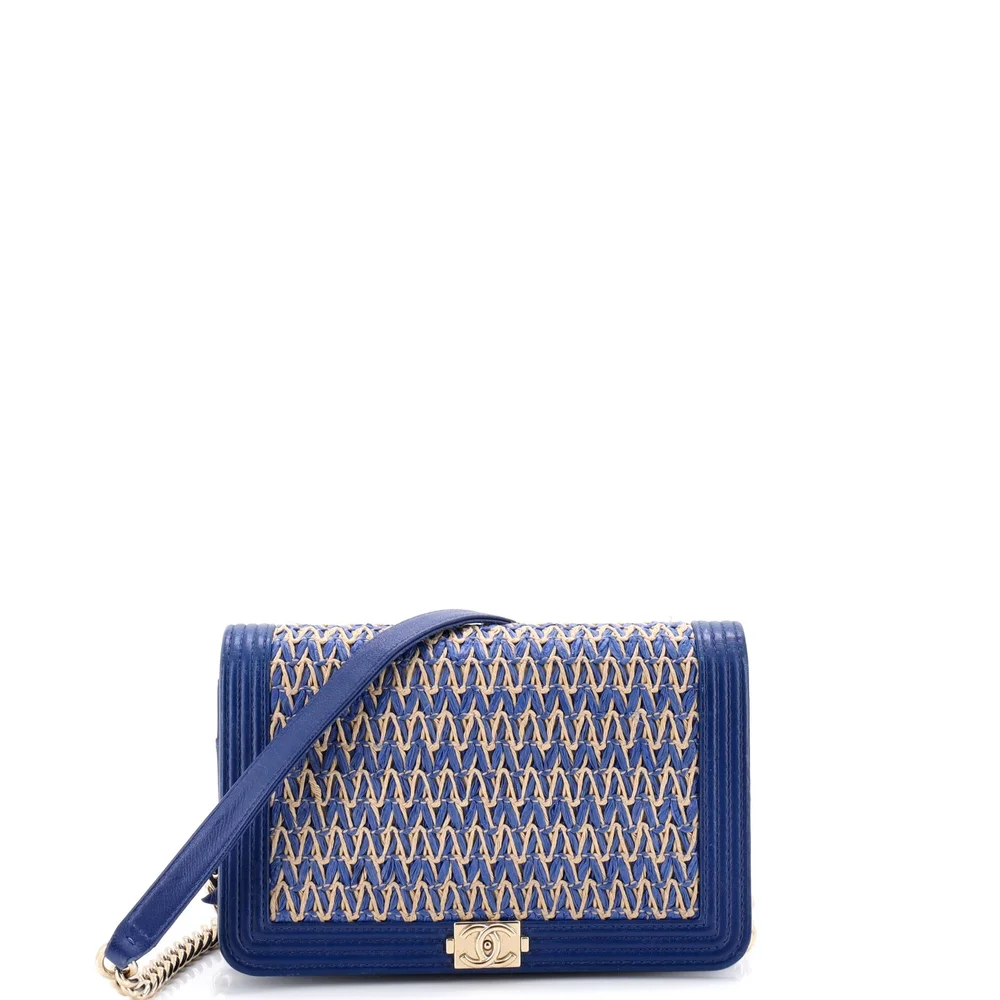 Pre-Owned Chanel Boy Flap Bag Chevron Woven Raffia and Leather Old Medium